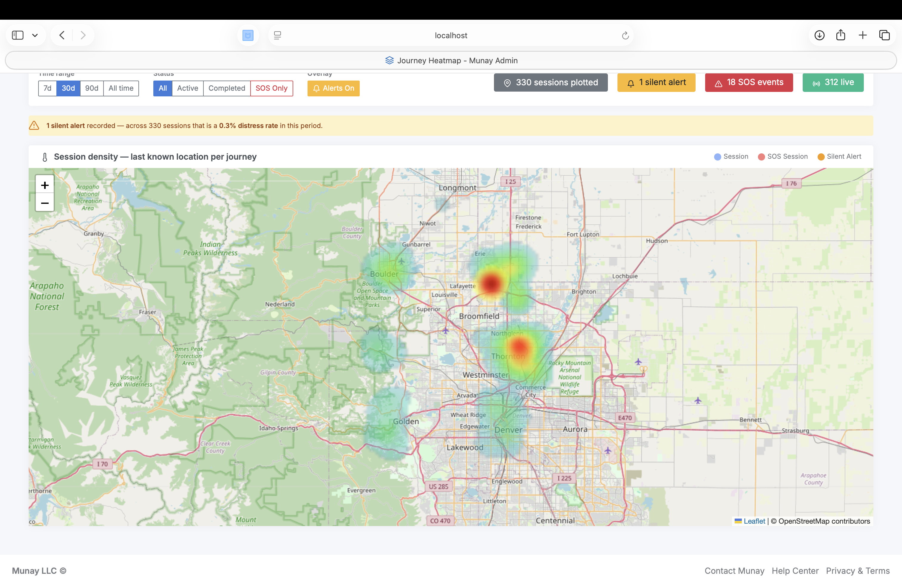 Munay Journey Heatmap — session density overlaid on a live map