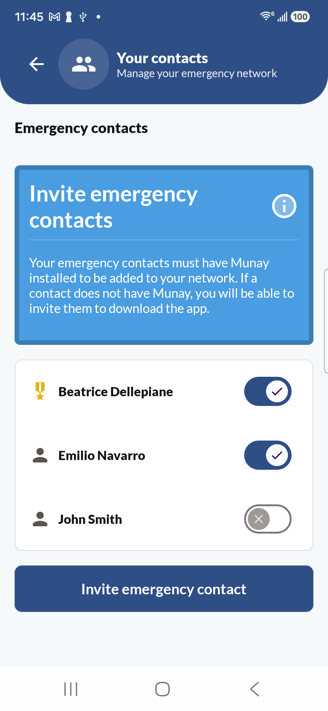 Munay app emergency contacts screen