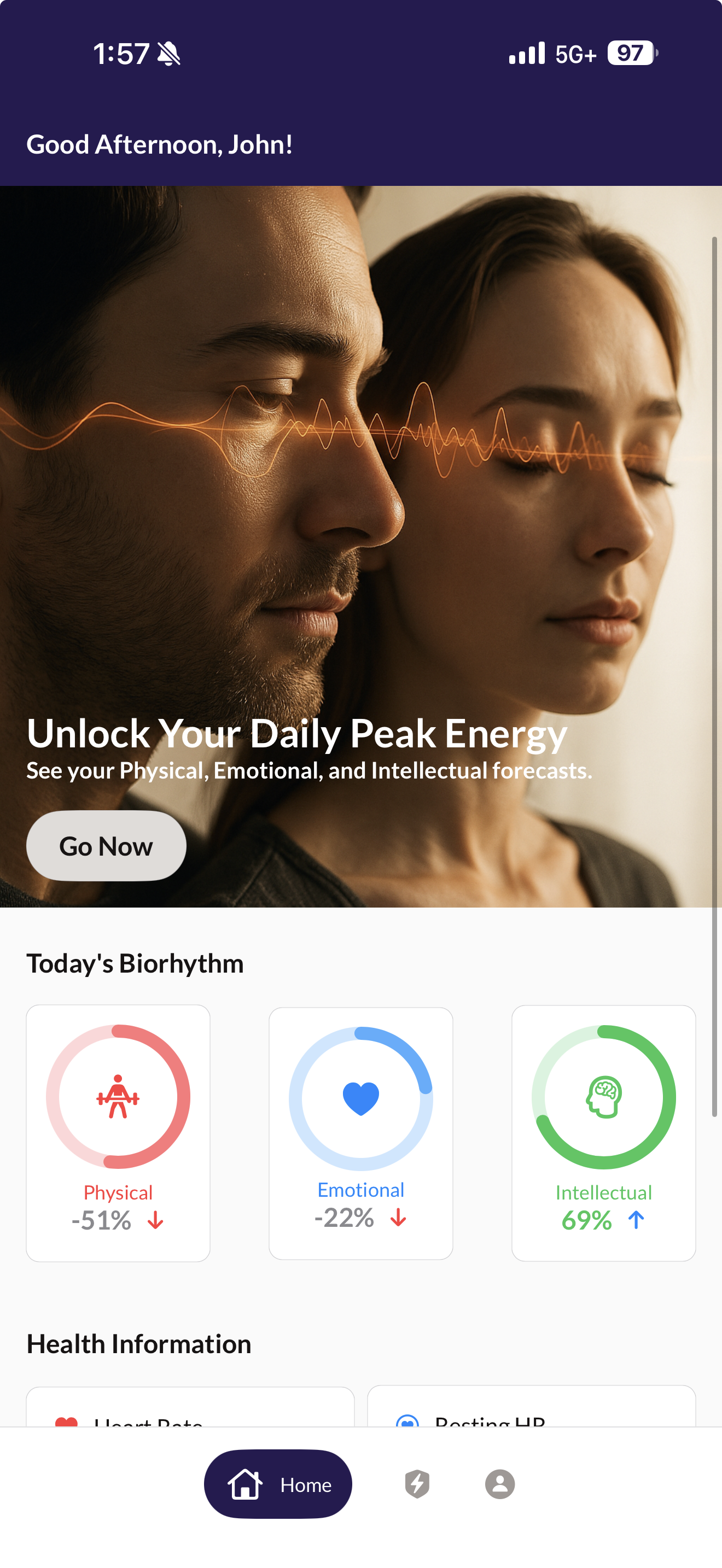 Munay app home screen showing biorhythm and health overview