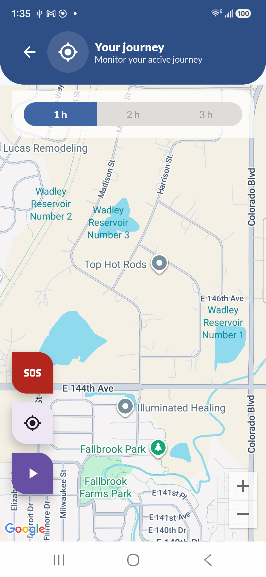 Munay app journey tracker showing live Google Maps GPS route with SOS button and duration selector