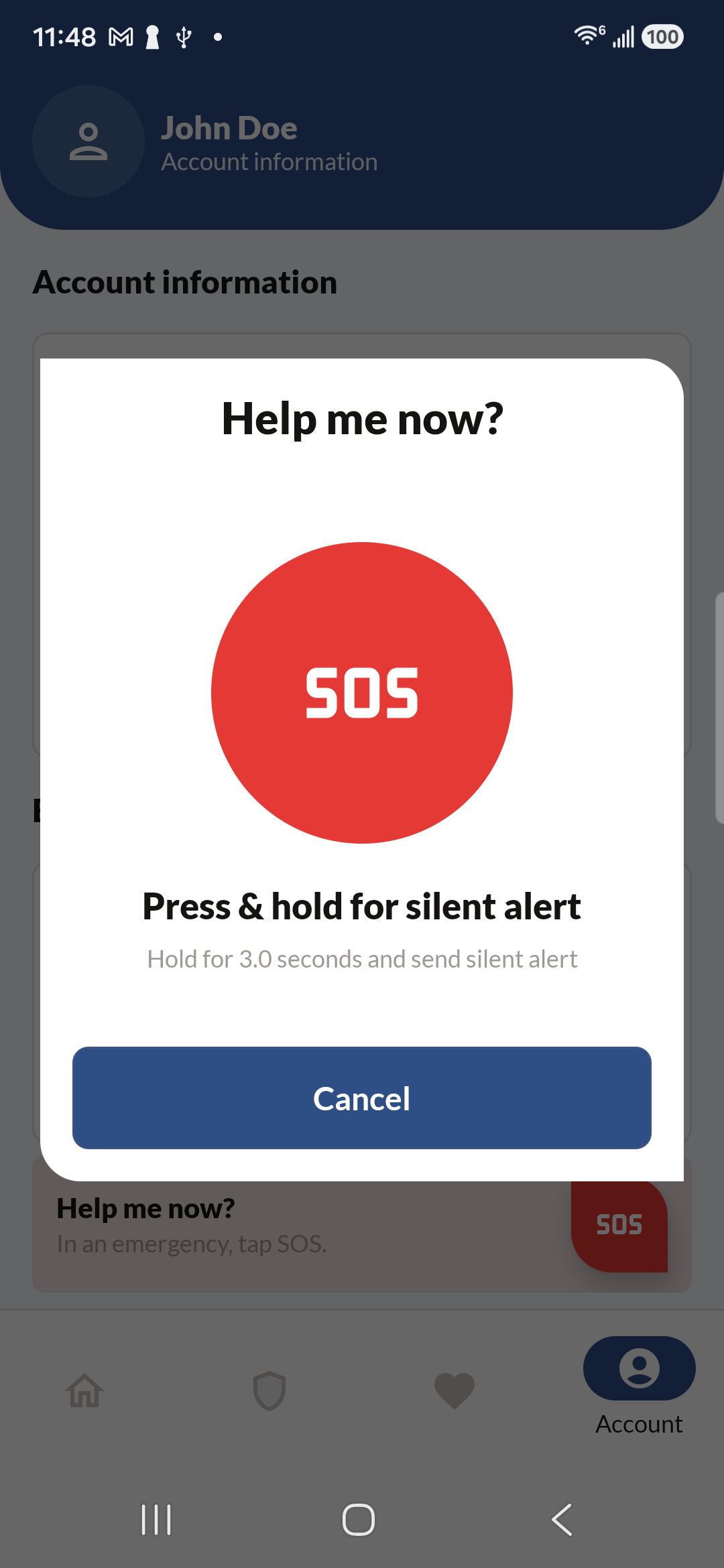 Munay app SOS alert screen